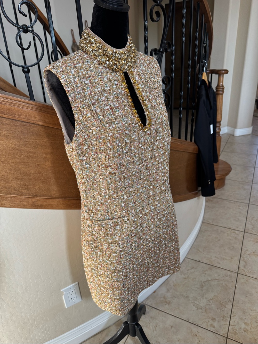 Self-Portrait Gold Tinsel Tweed Crystal Embellished Mini Dress NWT US 8